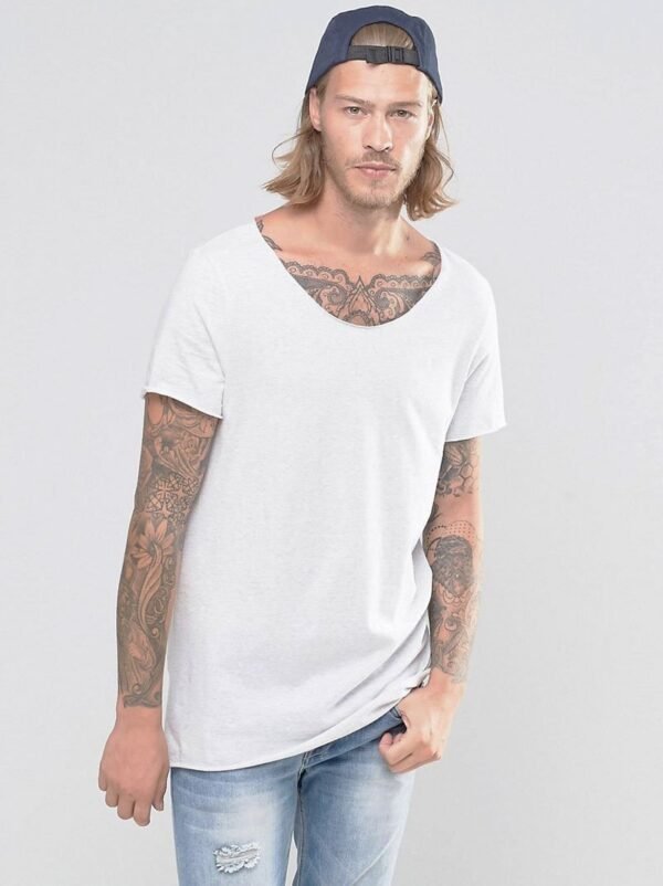 Over Sized White Plain With Deep Large Round Neck T Shirt
